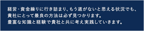 経営・資金繰りに行き詰まり、もう道が無いと思える状況でも、最良の方法は見つかります。豊富な知識と経験で貴社と共に考え実践していきます。